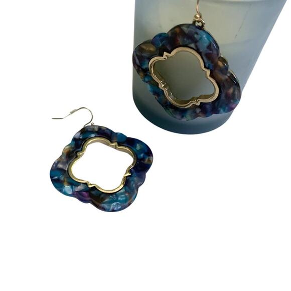 Jewelry - New Gold Blue Clover Earrings Statement Bold Dangle Resin Lucky